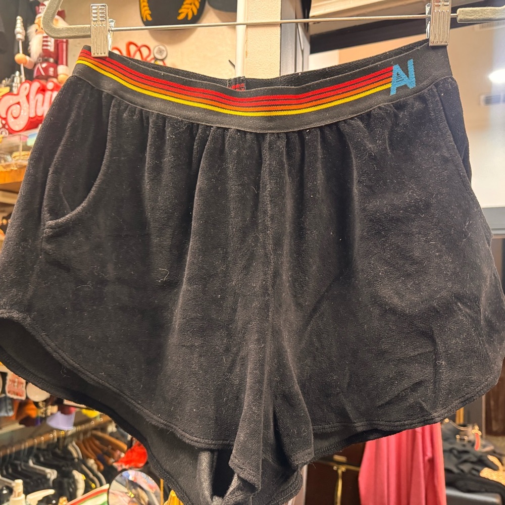Aviator Nation Black Velvet Shorts with the AN Rainbow Waistband Sz L